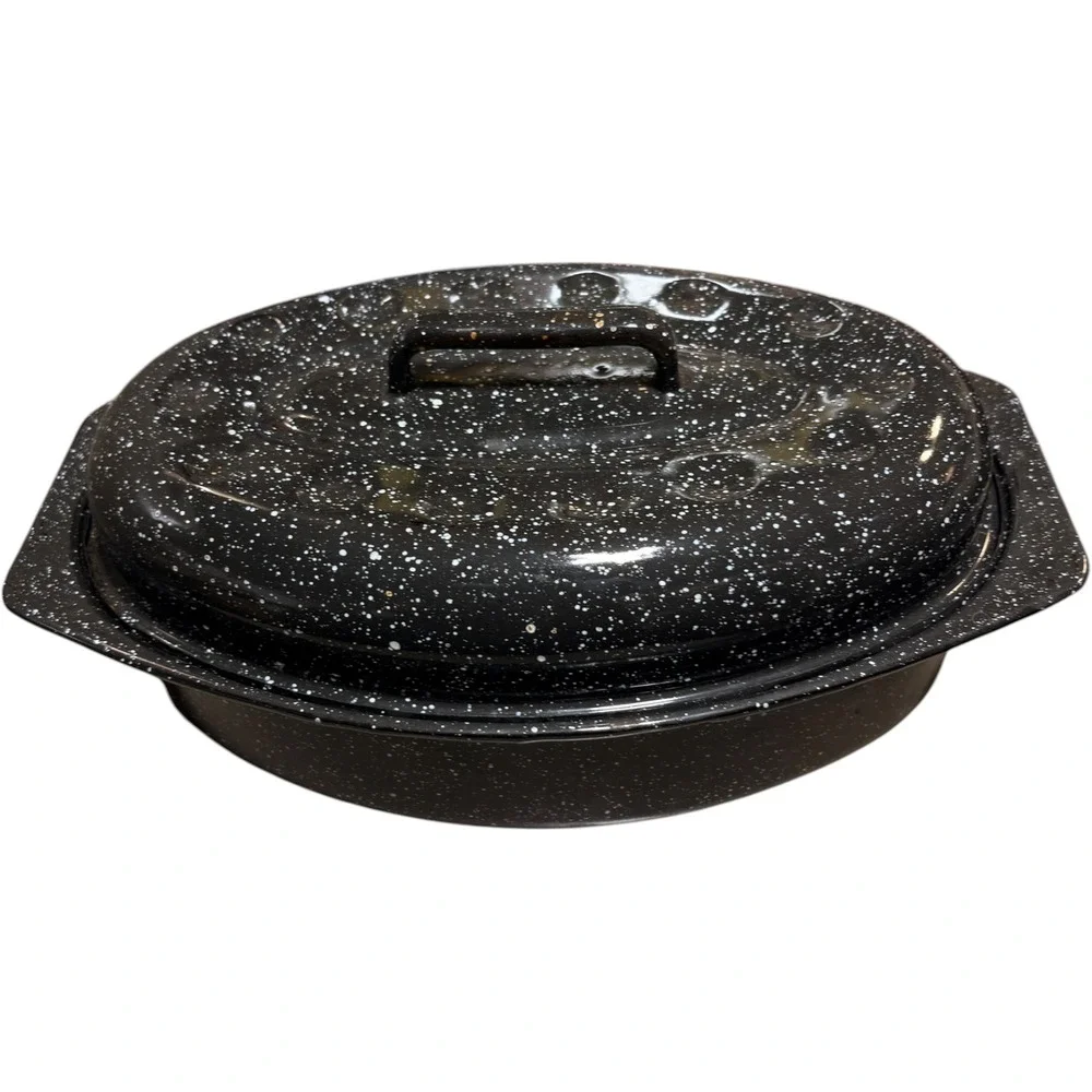 Black Speckled Enamelware Oval Roasting Pan with Lid 13 Inch Graniteware Foodie